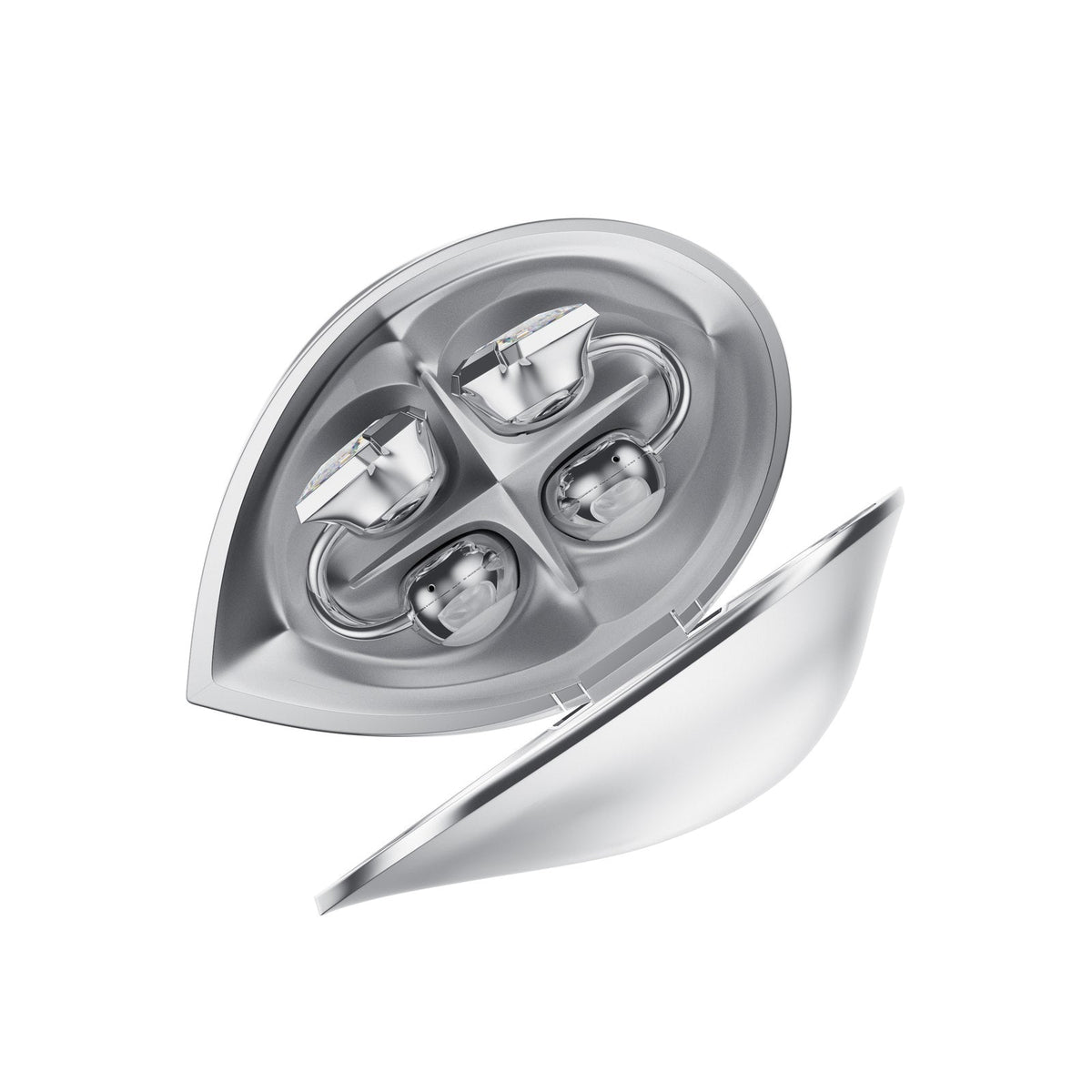 Top view of an open silver-toned Electronic Gems charging case with both earphones seated inside.