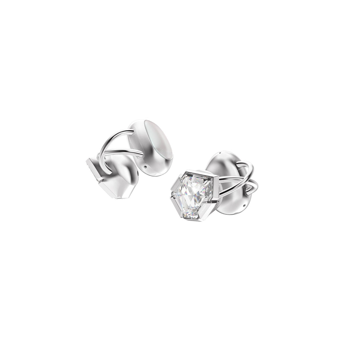 A pair of Electronic Gems earphones with clear faceted faces, shown from front and rear angles.