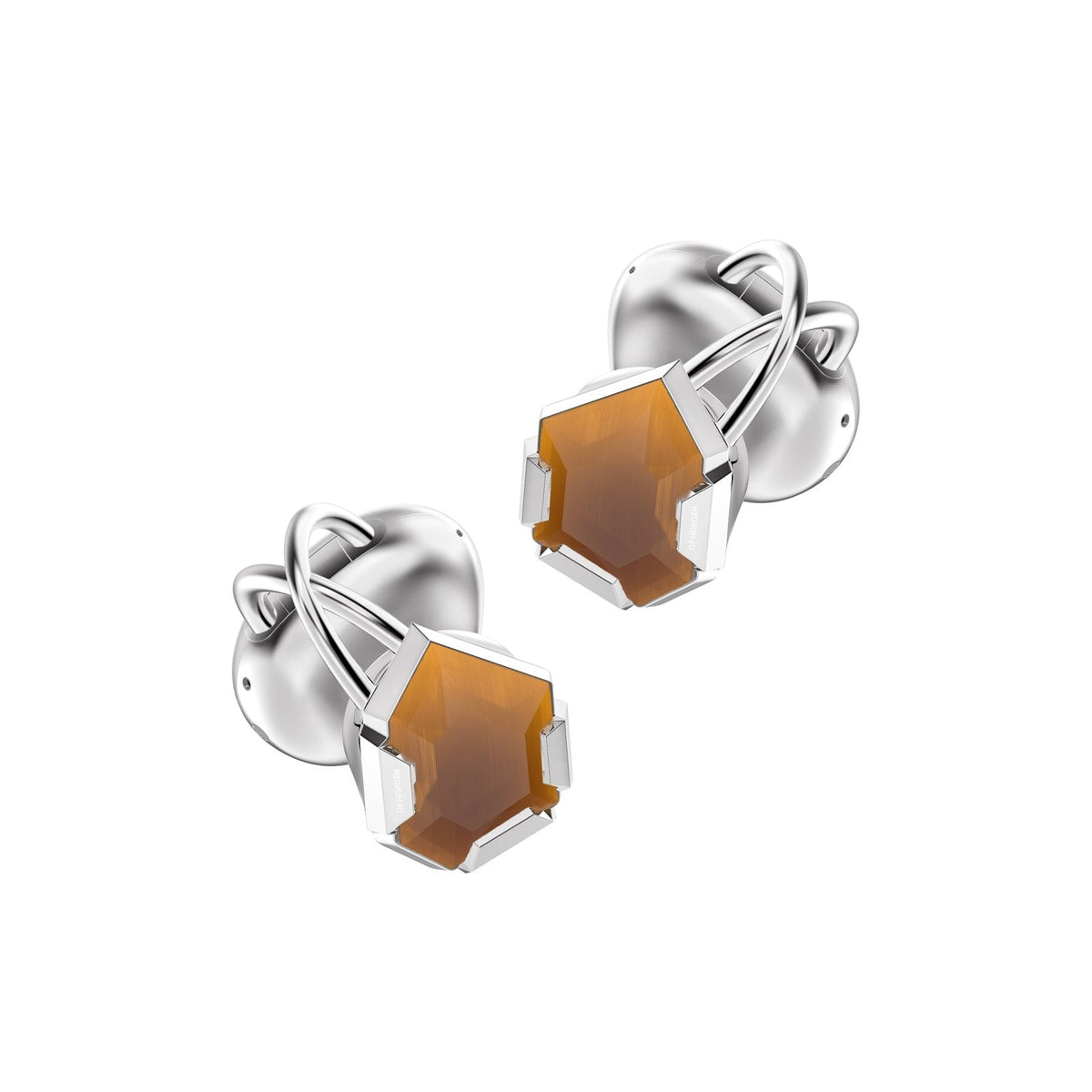 A pair of Electronic Gems earphones with amber-brown faceted faces against a white background.