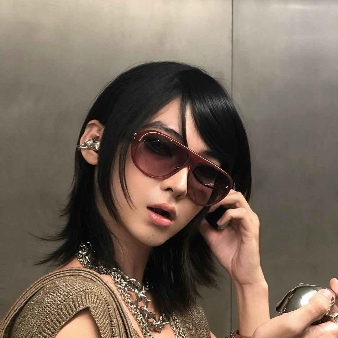 Electronic Gems styled with tinted glasses and layered necklaces.