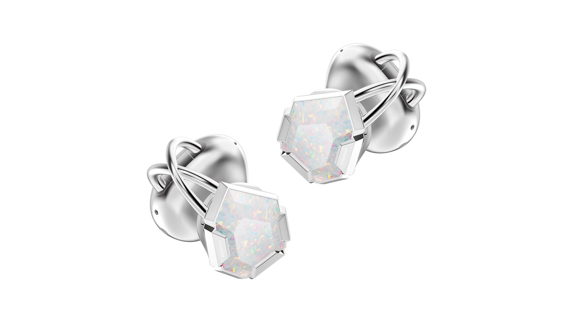 OF HUNGER Electronic Gems earphones with silver metal and opal-like gemstone details on a clean white background.