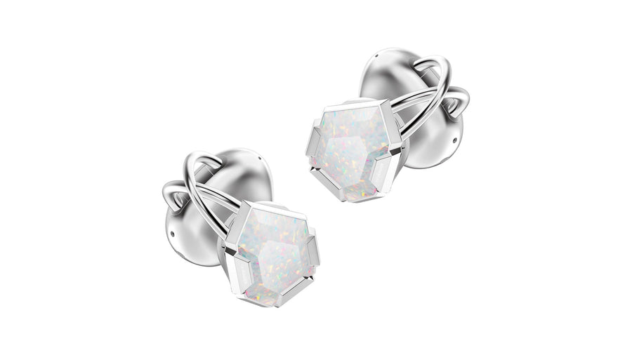 OF HUNGER Electronic Gems earphones with silver metal and opal-like gemstone details on a clean white background.