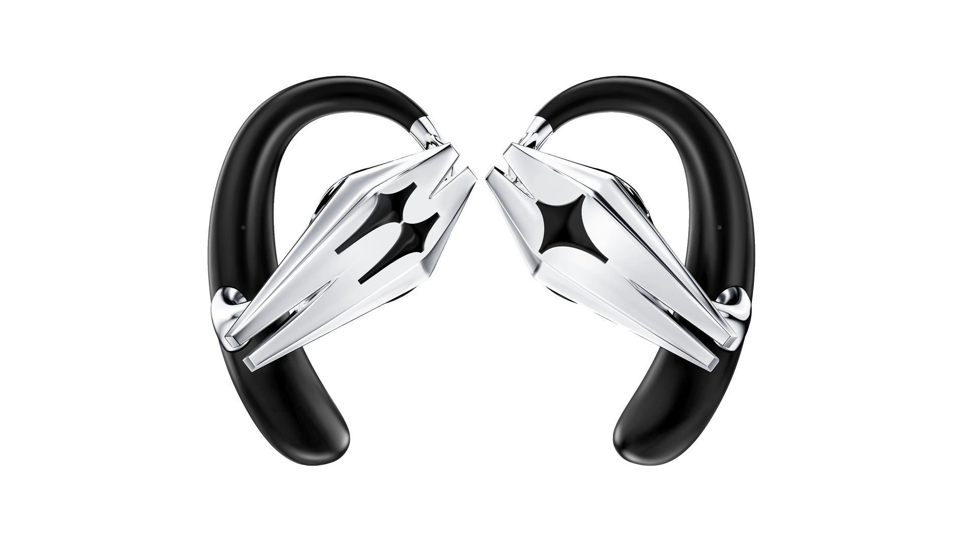OF HUNGER STARSHIP open-ear accessory earphones with angular silver starship-inspired form on a clean white background.