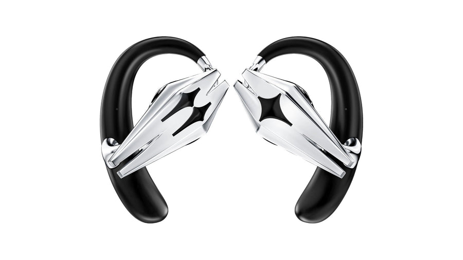 OF HUNGER STARSHIP open-ear accessory earphones with angular silver starship-inspired form on a clean white background.