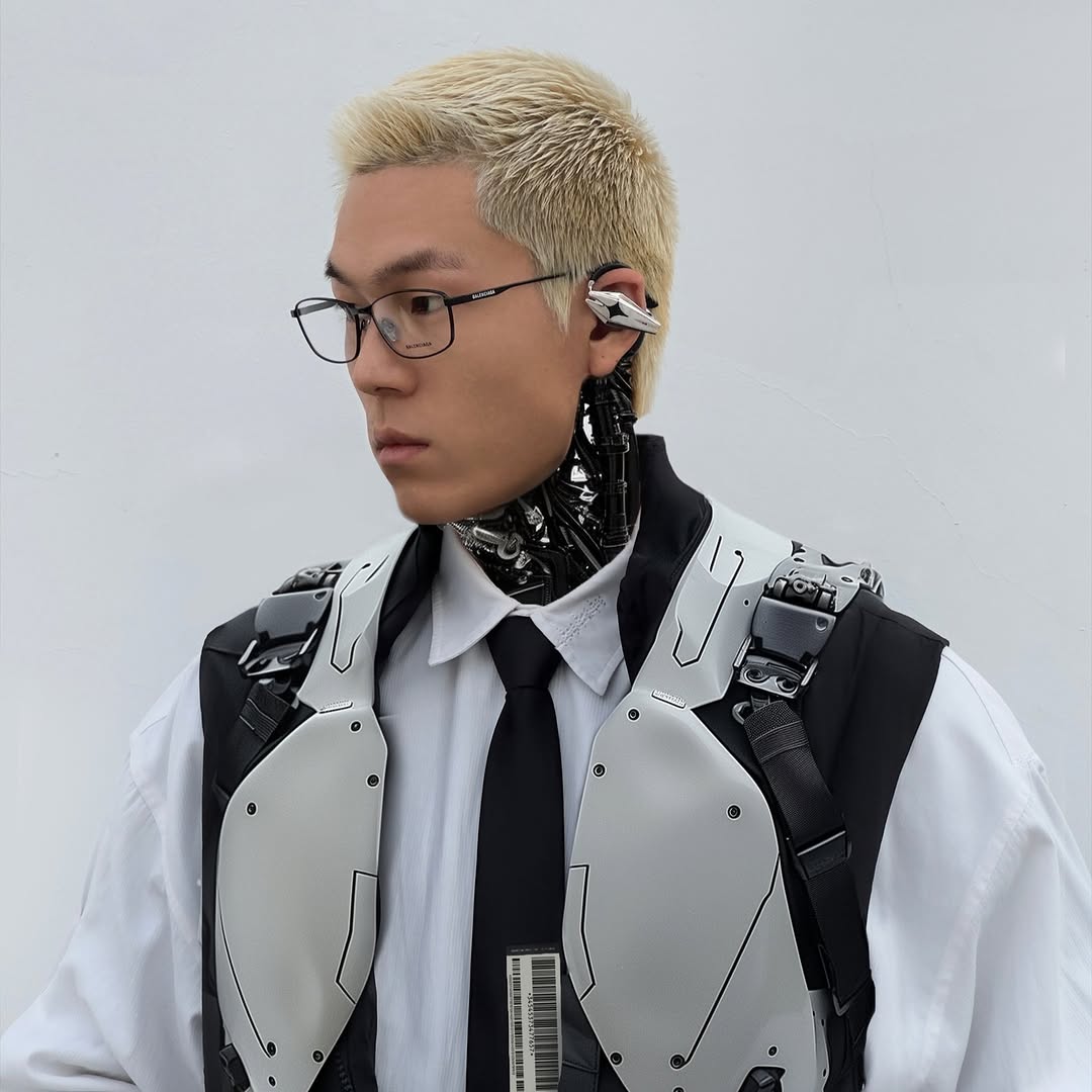Swaggydoug wearing glasses, a tie, protective vest and a silver ear device