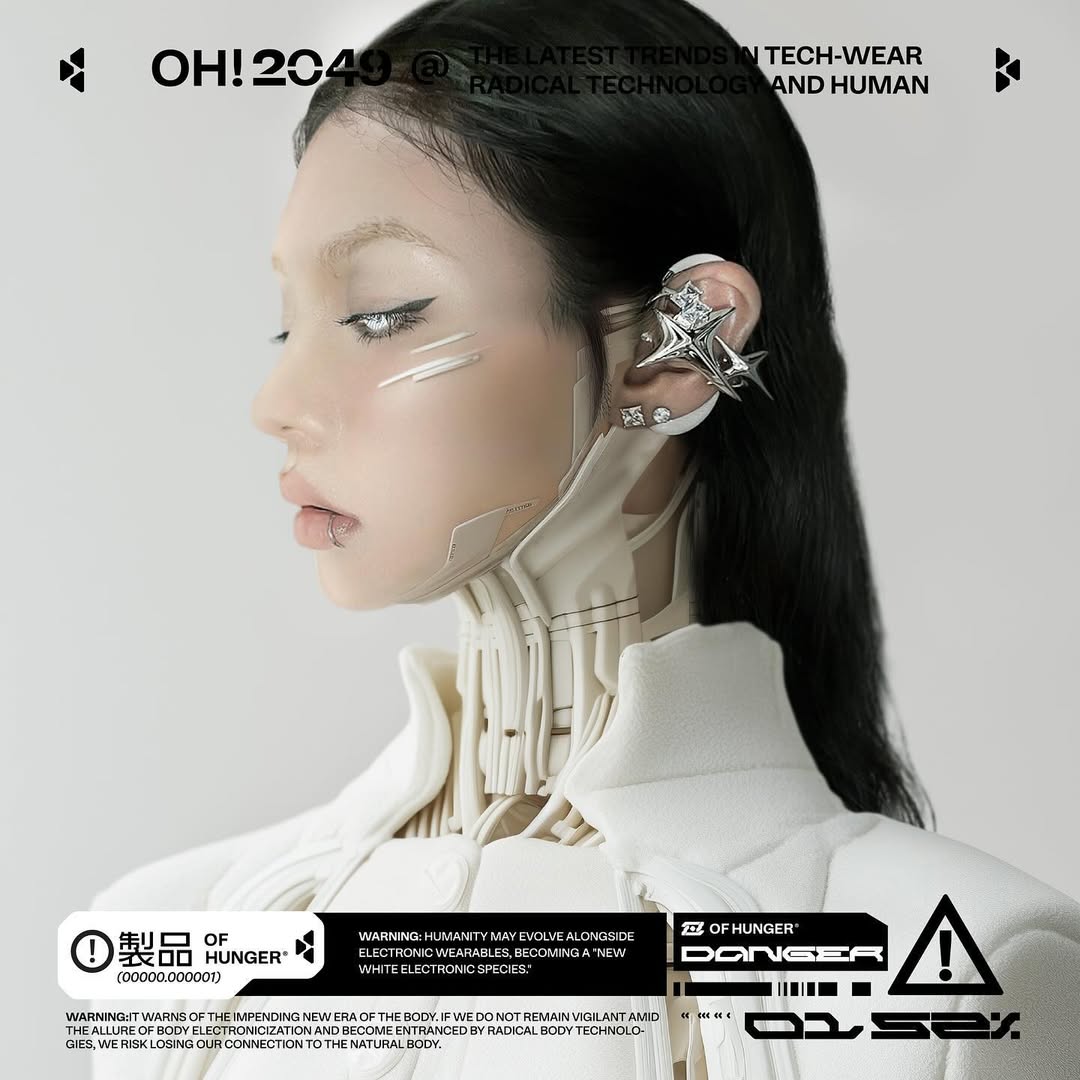 Peaccch in white with a biomechanical neck, face details and silver ear hardware