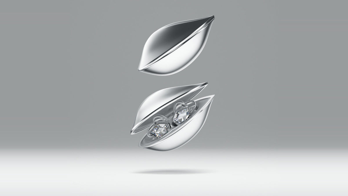 OF HUNGER Electronic Gems earphones displayed in a silver sculptural charging case
