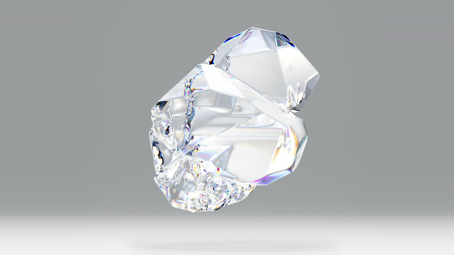 Clear zircon-inspired crystal floating against a soft gray background