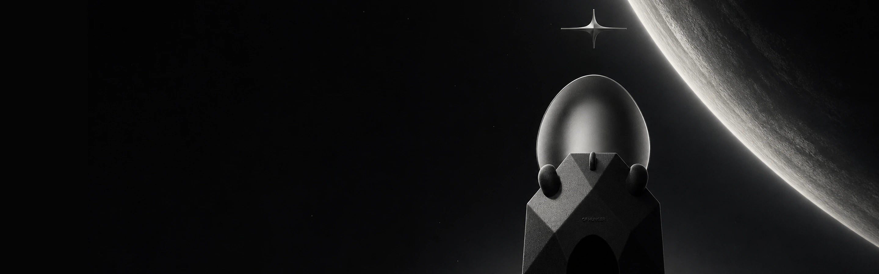 Monolithic figure against a planetary horizon
