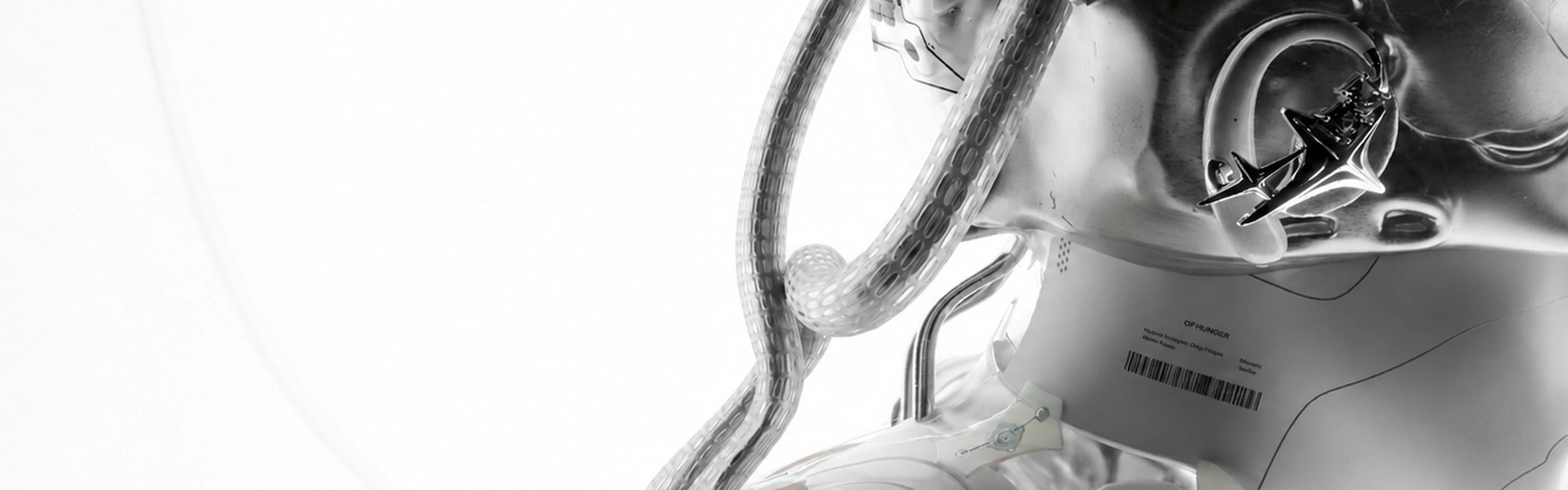 Futuristic figure wearing NEBULA in an abstract silver environment