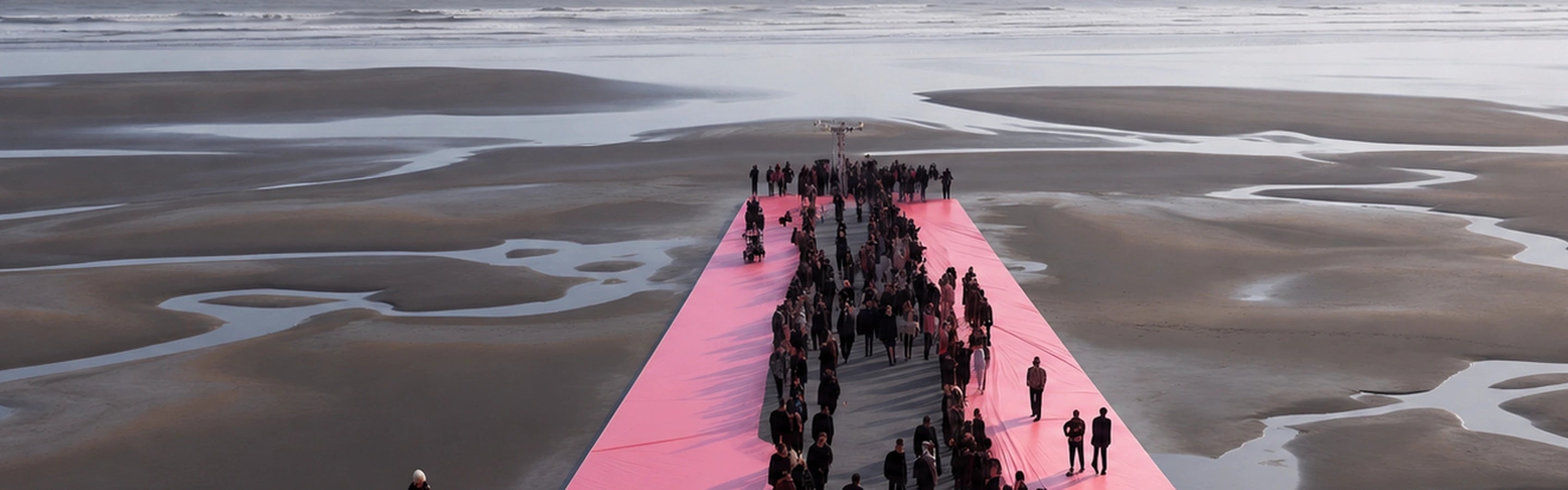 Pink runway crossing a tidal landscape