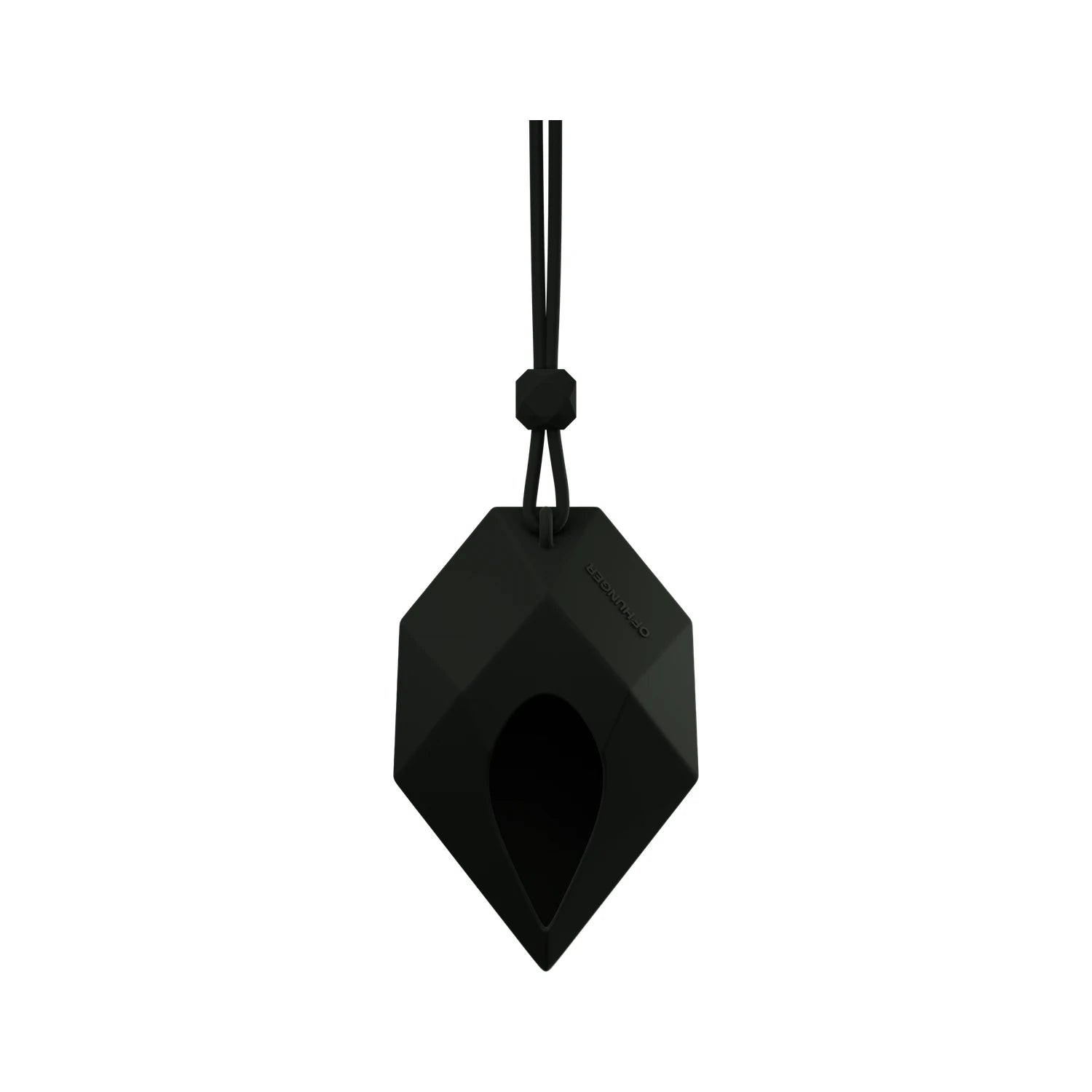 Dark Matter Black EARPHONE CASE, empty faceted shell suspended by its matching cord on white