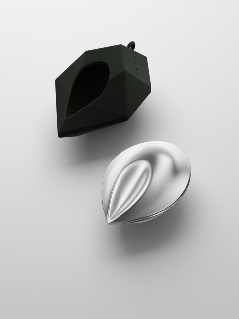 Dark Matter Black EARPHONE CASE, official Shop hover composition with the empty faceted shell and Electronic Gems charging capsule
