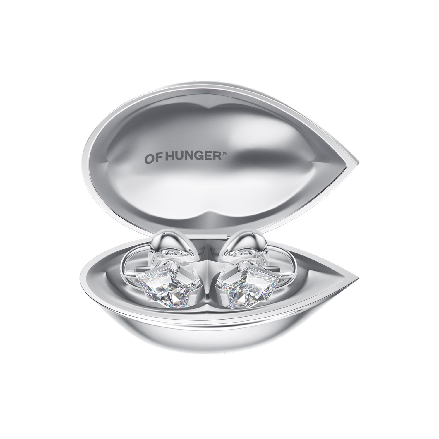 Silver-White Zircon with its charging case in a front view