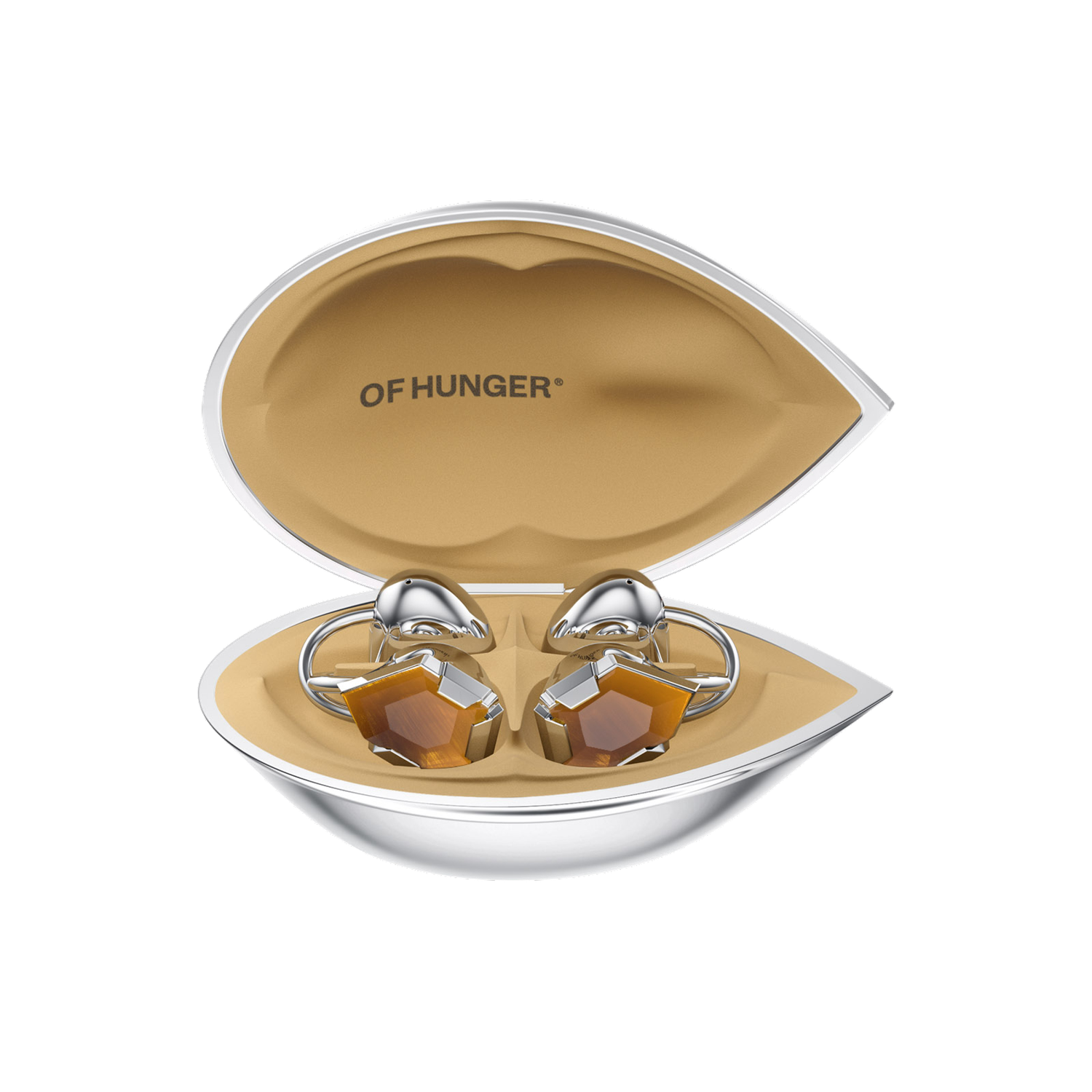 Tiger's Eye with its charging case in a front view