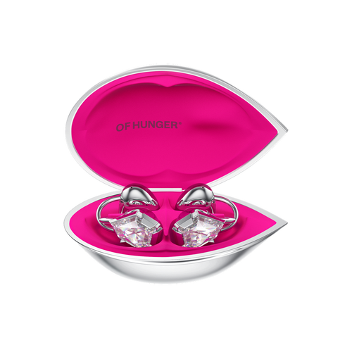 White Zircon with its charging case in a front view