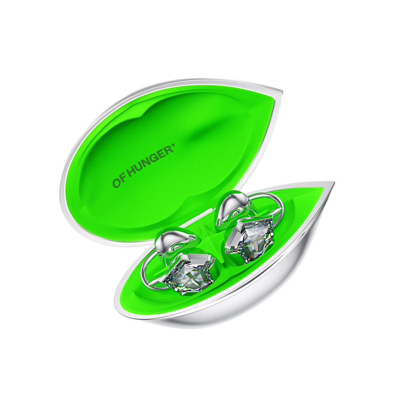 Gray Zircon with its charging case at a 30-degree angle