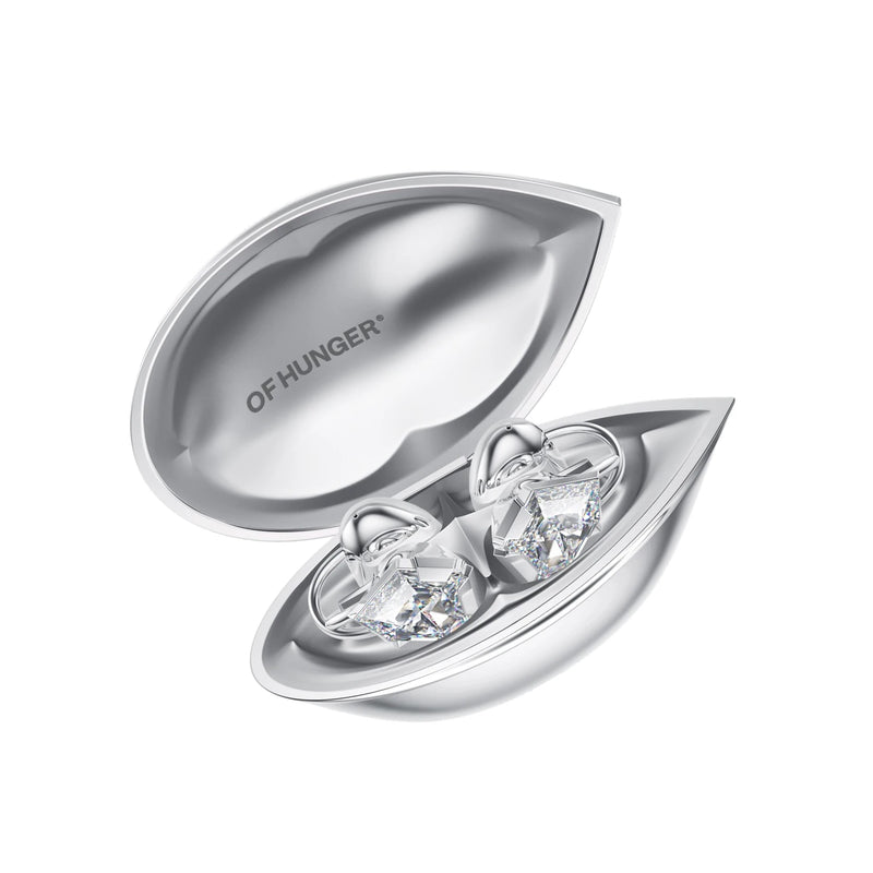 Silver-White Zircon with its charging case at a 30-degree angle