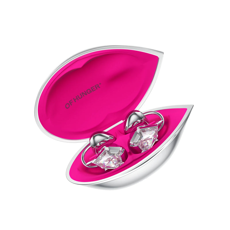 White Zircon with its charging case at a 30-degree angle